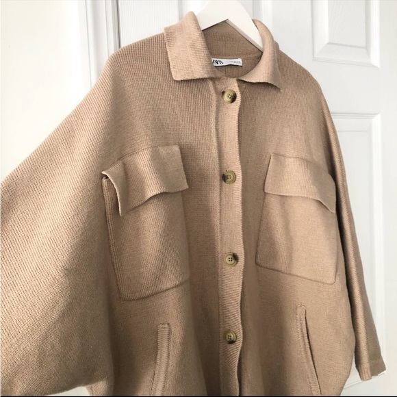Zara Beige Oversized Knit Button Down Shacket Relaxed Sleeves - Picture 8 of 10